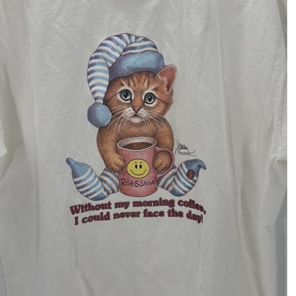 Vintage 90s 80s cat coffee night shirt size S/M cat lover crazy cat lady - Picture 2 of 6